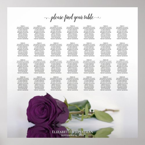 Plum Purple Rose 28 Table Wedding Seating Chart