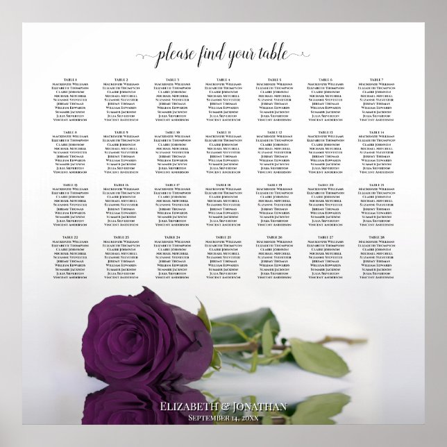 Plum Purple Rose 28 Table Wedding Seating Chart (Front)