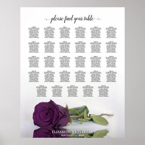 Plum Purple Rose 29 Table Wedding Seating Chart