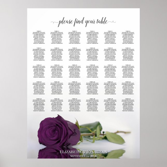 Plum Purple Rose 30 Table Wedding Seating Chart (Front)