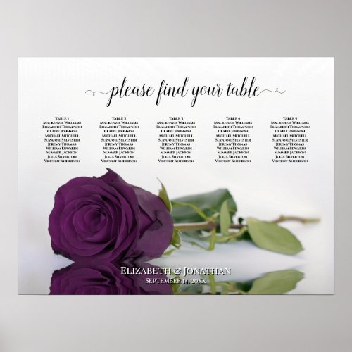 Plum Purple Rose 5 Table Wedding Seating Chart