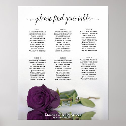 Plum Purple Rose 6 Table Wedding Seating Chart
