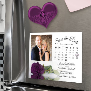 Plum Purple Rose Calendar & Photo Save Date Magnet