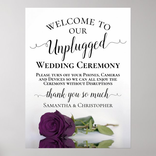 Plum Purple Rose Chic Unplugged Wedding Ceremony Poster (Front)