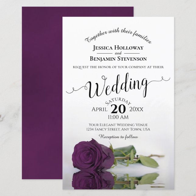 Plum Purple Rose Elegant BUDGET Wedding Invitation (Front/Back)