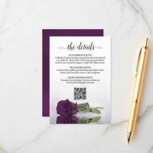 Plum Purple Rose Elegant Wedding Details QR Code Enclosure Card