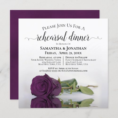 Plum Purple Rose Elegant Wedding Rehearsal Dinner Invitation