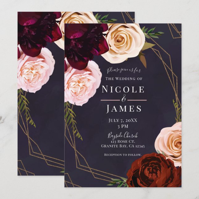 Plum Purple Rose Gold Modern Rustic Floral Wedding Invitation (Front/Back)