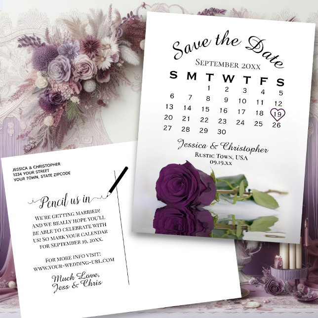 Plum Purple Rose Wedding Calendar Save the Date Announcement Postcard (Front and Back)