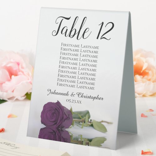 Plum Purple Rose Wedding Table Number  Names Table Tent Sign
