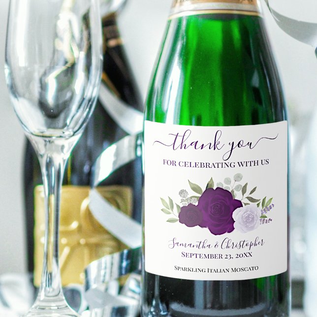Plum Purple Roses Elegant Boho Wedding Thank You Sparkling Wine Label (Creator Uploaded)