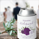 Plum Purple Roses Elegant Bridesmaid Wedding Can Cooler<br><div class="desc">These beautiful wedding can coolers are a fun and thoughtful way to thank your bridesmaids. They feature a beautiful boho chic design with elegant script lettering and a cluster of hand painted watercolor roses, blossoms, eucalyptus leaves and greenery in shades of dusty purple, plum, and violet. The caption reads: Bridesmaid,...</div>