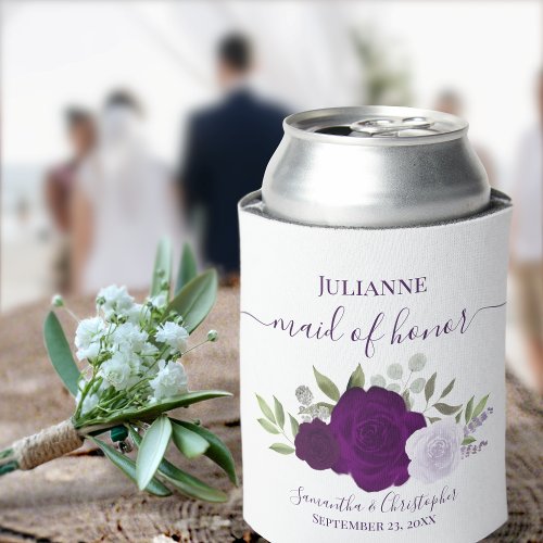 Plum Purple Roses Elegant Maid of Honor Wedding Can Cooler