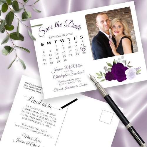 Plum Purple Roses Photo  Calendar Save the Date Announcement Postcard
