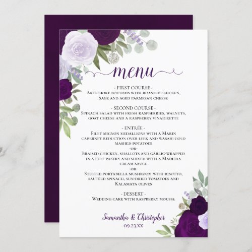 Plum Purple Rustic Boho Floral Elegant Wedding Menu