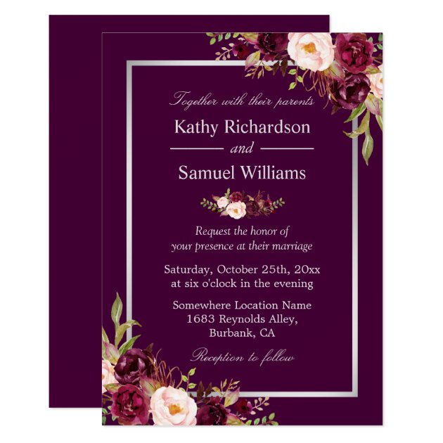 Plum Purple Rustic Floral Silver Gray Fall Wedding Invitation
