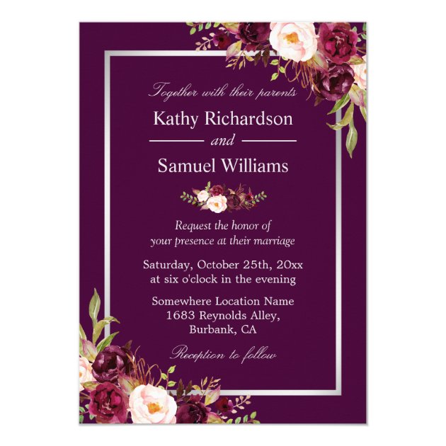 Plum Purple Rustic Floral Silver Gray Fall Wedding Card (front side)