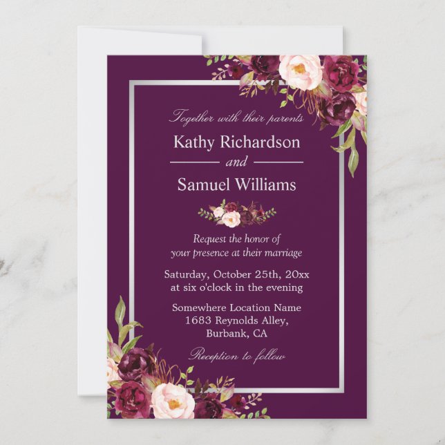 Plum Purple Rustic Floral Silver Gray Fall Wedding Invitation (Front)