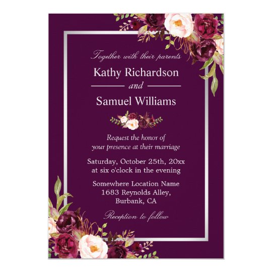 Plum Purple Rustic Floral Silver Gray Fall Wedding Invitation