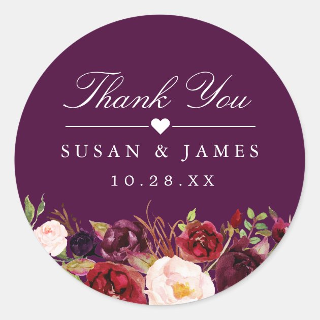 Plum Purple Rustic Floral Thank You Wedding Favor Classic Round Sticker