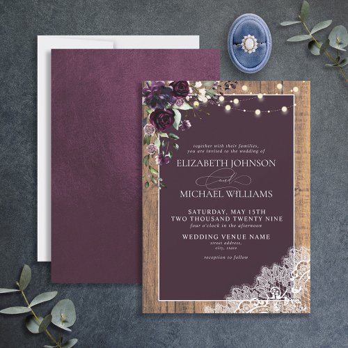 Plum Purple Rustic Wood Lace Script Wedding Invita Invitation