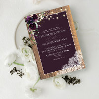 Plum Purple Rustic Wood Lace Script Wedding Invita