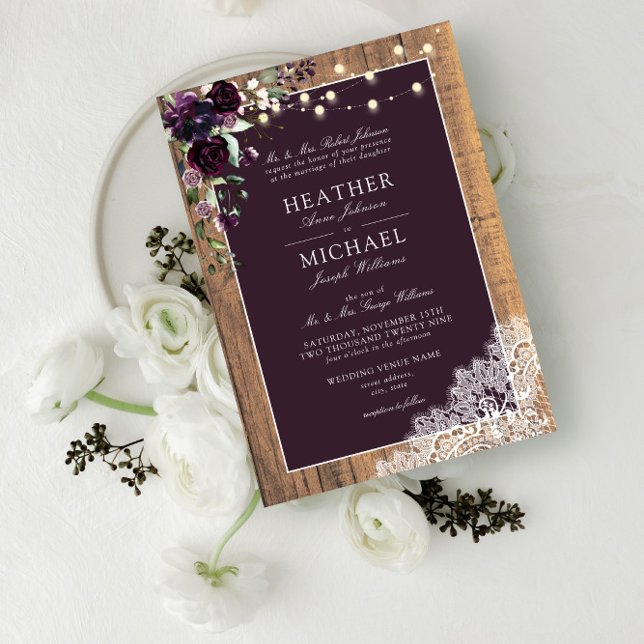 Plum Purple Rustic Wood Lace Script Wedding Invita Invitation (Creator Uploaded)