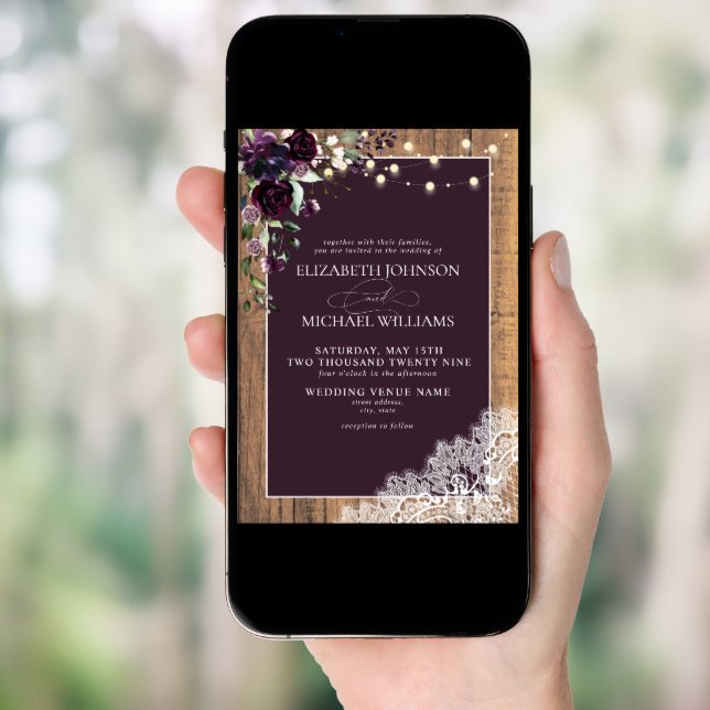 Plum Purple Rustic Wood Lace Script Wedding Invita Invitation (Front Digital)