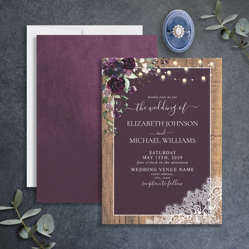 Plum Purple Rustic Wood Lace Script Wedding Invitation