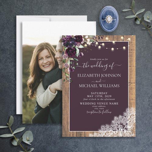 Plum Purple Rustic Wood Script Lace Photo Wedding Invitation