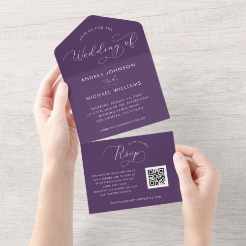 Plum Purple  Script Fall Autumn QR Code Wedding All In One Invitation
