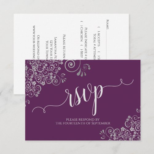 Plum Purple & Silver Elegant Calligraphy Wedding RSVP Card