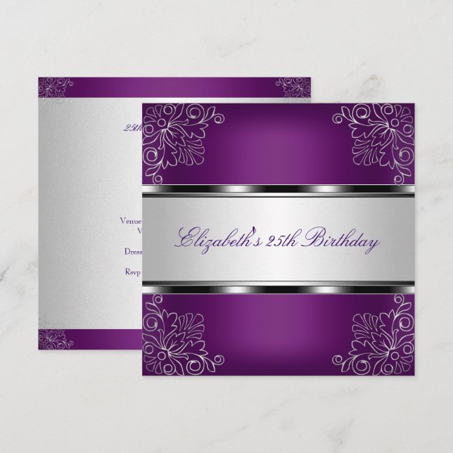 Plum Purple Silver Floral 25th Birthday Party Invitation (Front/Back)
