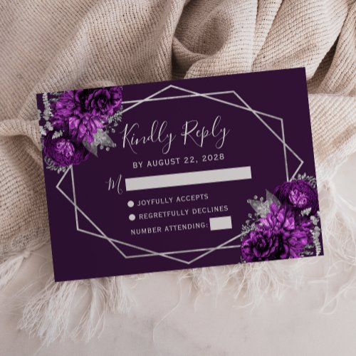 Plum Purple Silver Floral Geometric RSVP Card