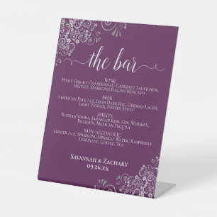 Plum Purple & Silver Wedding Drinks or Bar Menu Pedestal Sign