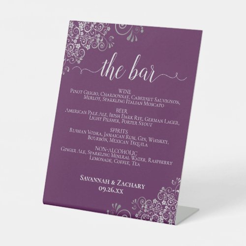 Plum Purple &amp; Silver Wedding Drinks or Bar Menu Pedestal Sign