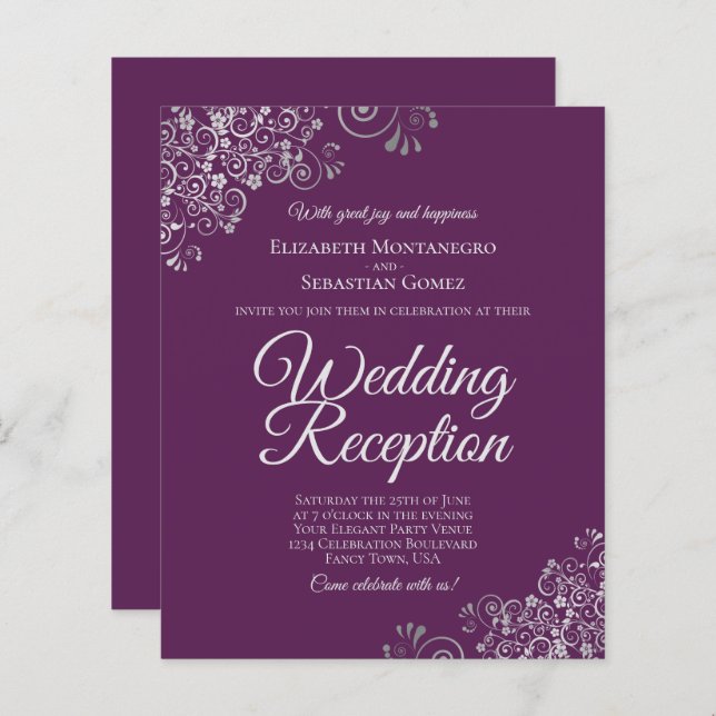 Plum Purple Silver Wedding Reception BUDGET Invite (Front/Back)