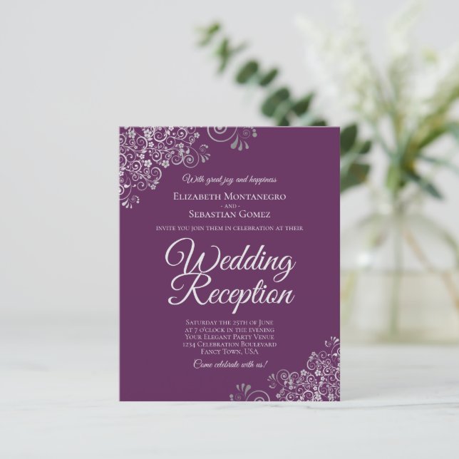 Plum Purple Silver Wedding Reception BUDGET Invite (Standing Front)