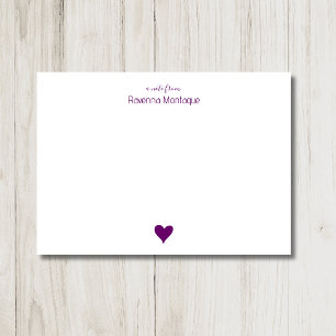 Plum Purple Simple Heart Custom Name Wedding Note Card