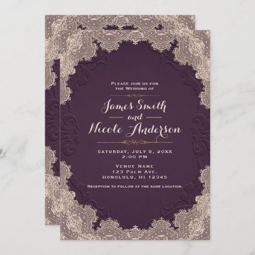 Plum Purple Suede Leather Vintage Lace Wedding Invitation