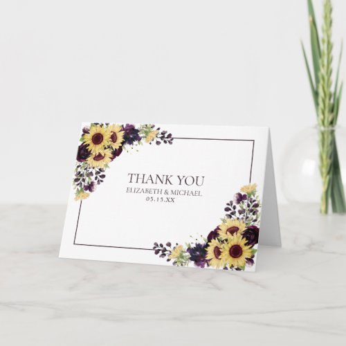 Plum Purple Sunflower Photo Wedding Thankyou Card