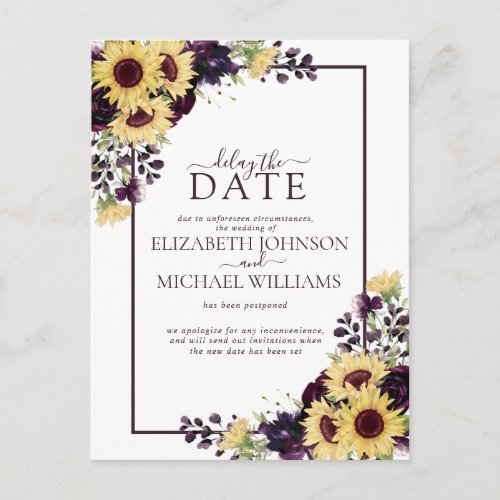 Plum Purple Sunflower Watercolor Delay The Date Holiday Postcard