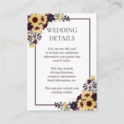 Plum Purple Sunflower Watercolor Details Enclosure Card