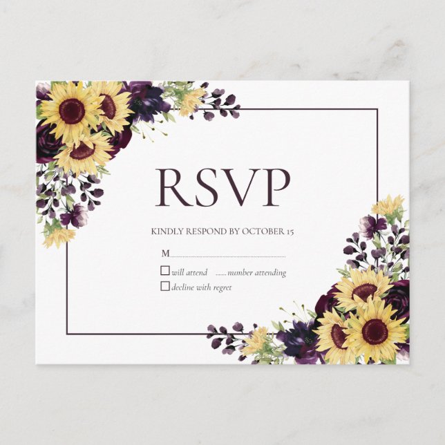 Plum Purple Sunflower Watercolor No Menu RSVP (Front)