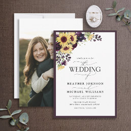 Plum Purple Sunflower Watercolor Photo Wedding Invitation