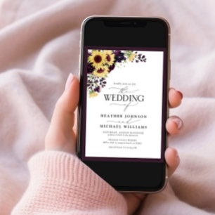 Plum Purple Sunflower Watercolor Photo Wedding Invitation