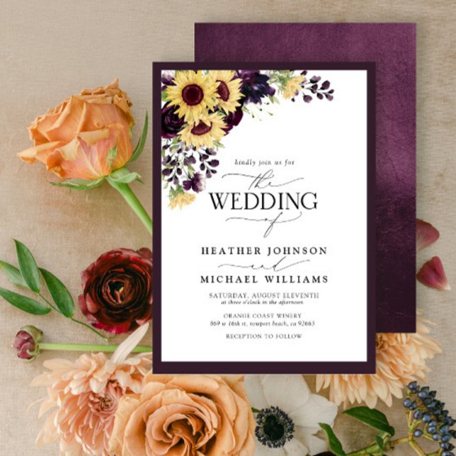 Plum Purple Sunflower Watercolor Script Wedding Invitation (Creator Uploaded)
