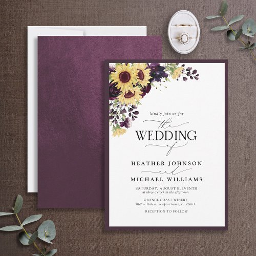 Plum Purple Sunflower Watercolor Script Wedding Invitation