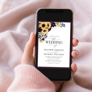 Plum Purple Sunflower Watercolor Script Wedding Invitation