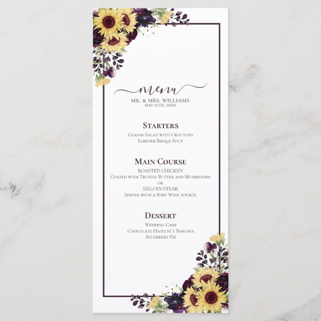 Plum Purple Sunflower Watercolor Wedding Menu (Front)